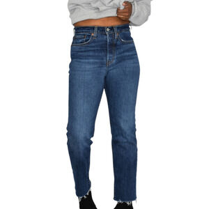 Levis Wedgie Jeans Blue Button Fly Straight Leg Cropped High Rise Fray Hem 27